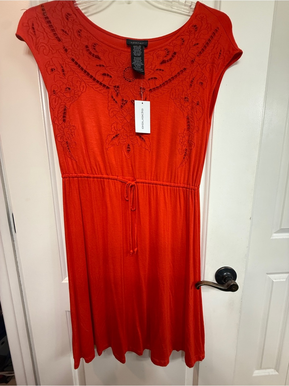 Spense Red Orange Embroidered Drawstring Midi Dress